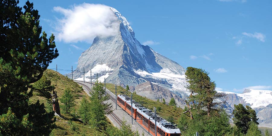 The Gornergrat Mountain Railway, with the Matterhorn visible behind it. 