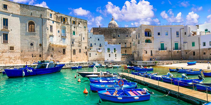 Monopoli’s harbour has bright turquoise water and classic Puglian architecture